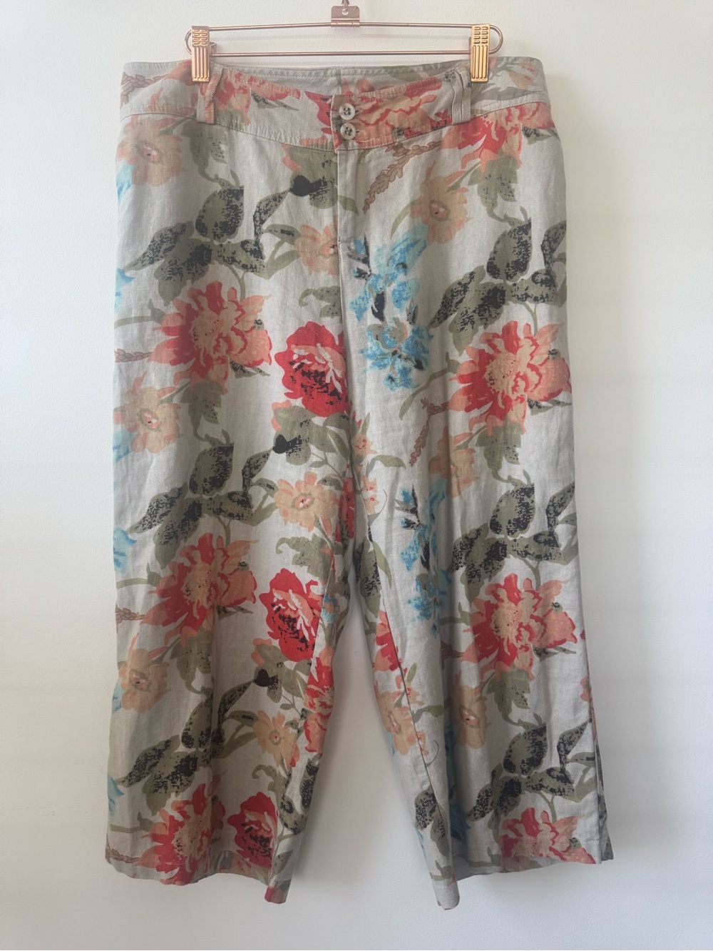 For Cynthia Floral Linen Blend Capris Lightweight Artsy Multi-Color Sz S